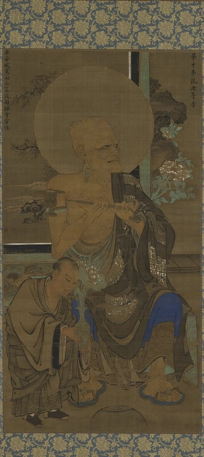 Arhat (Handaka Sonja - Panthaka) sitzend; ein Schüler mit Lotusblüten zu seiner Rechten, Nanbokucho-Periode, Mitte des 14. Jahrhunderts von Ryozen